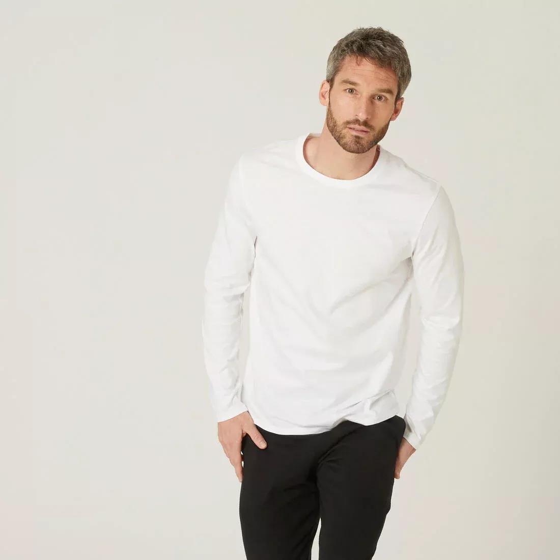 Long-Sleeved Cotton Fitness T-Shirt, White, No Color, large image number 0