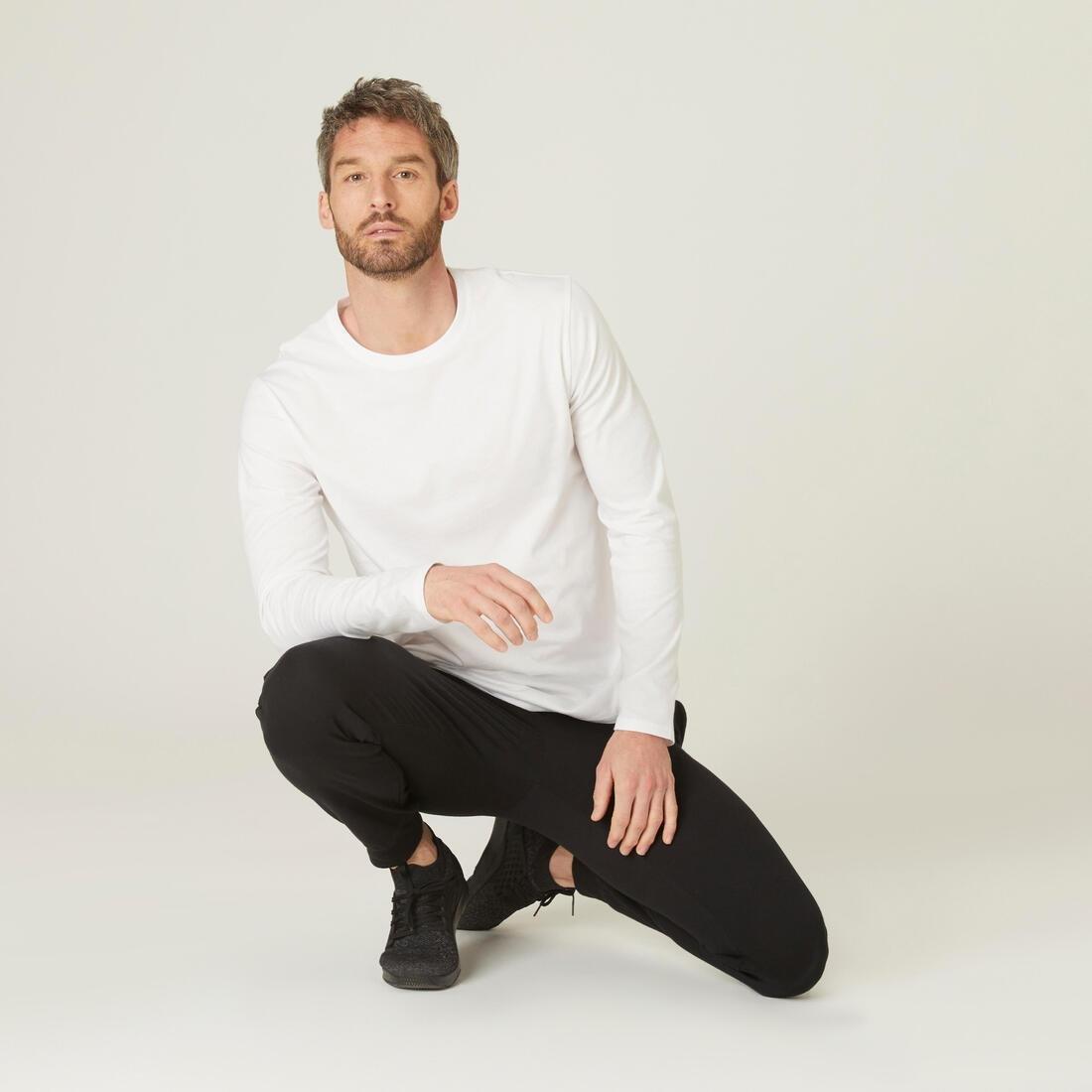 Long-Sleeved Cotton Fitness T-Shirt, White, No Color, large image number 2