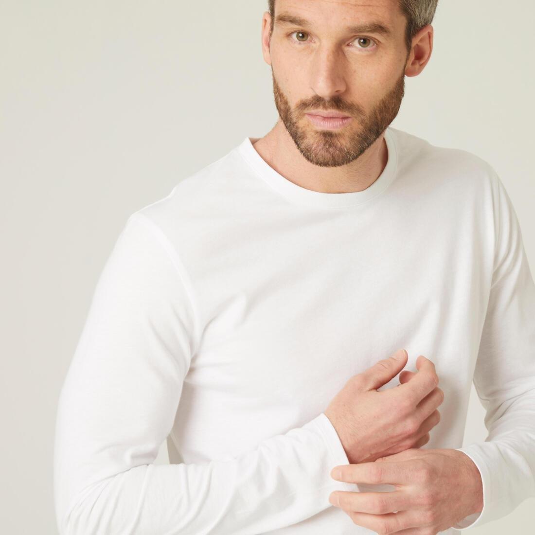 Long-Sleeved Cotton Fitness T-Shirt, White, No Color, large image number 3