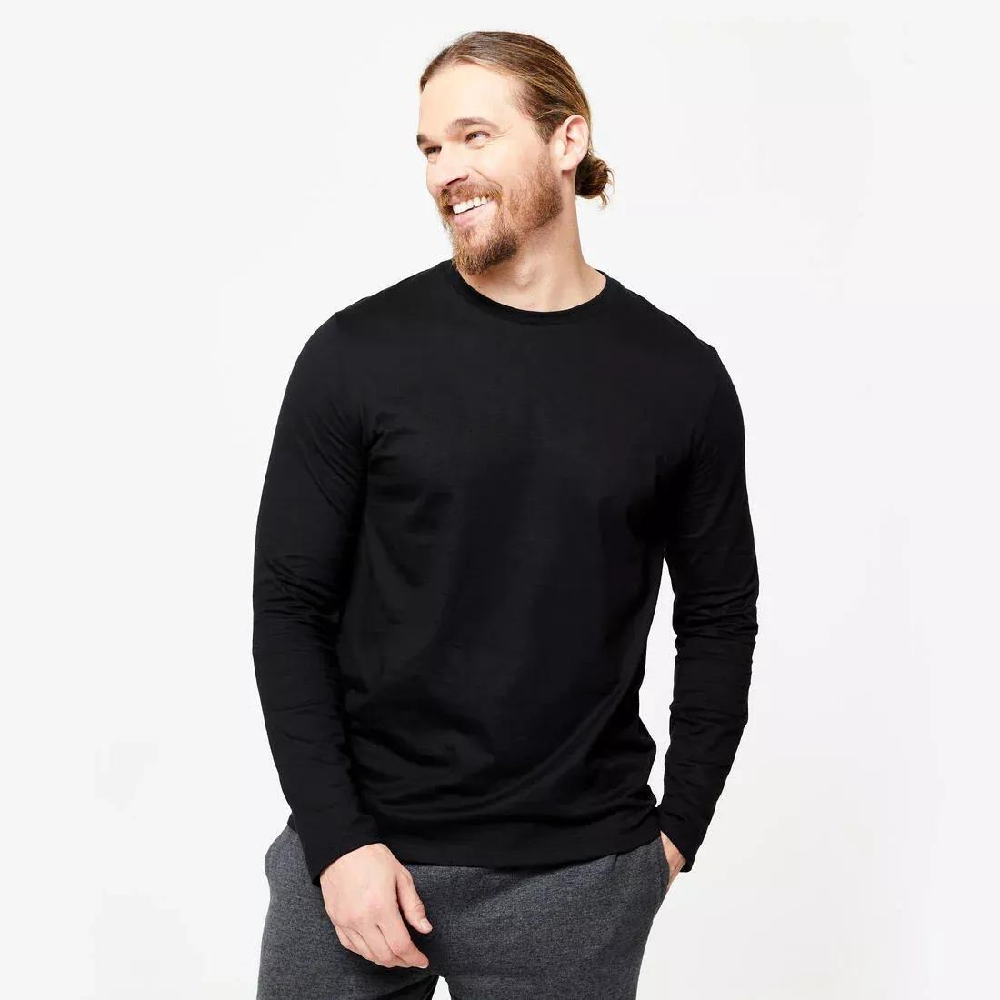 DOMYOS - Men Long-Sleeved Fitness T-Shirt 100, Black