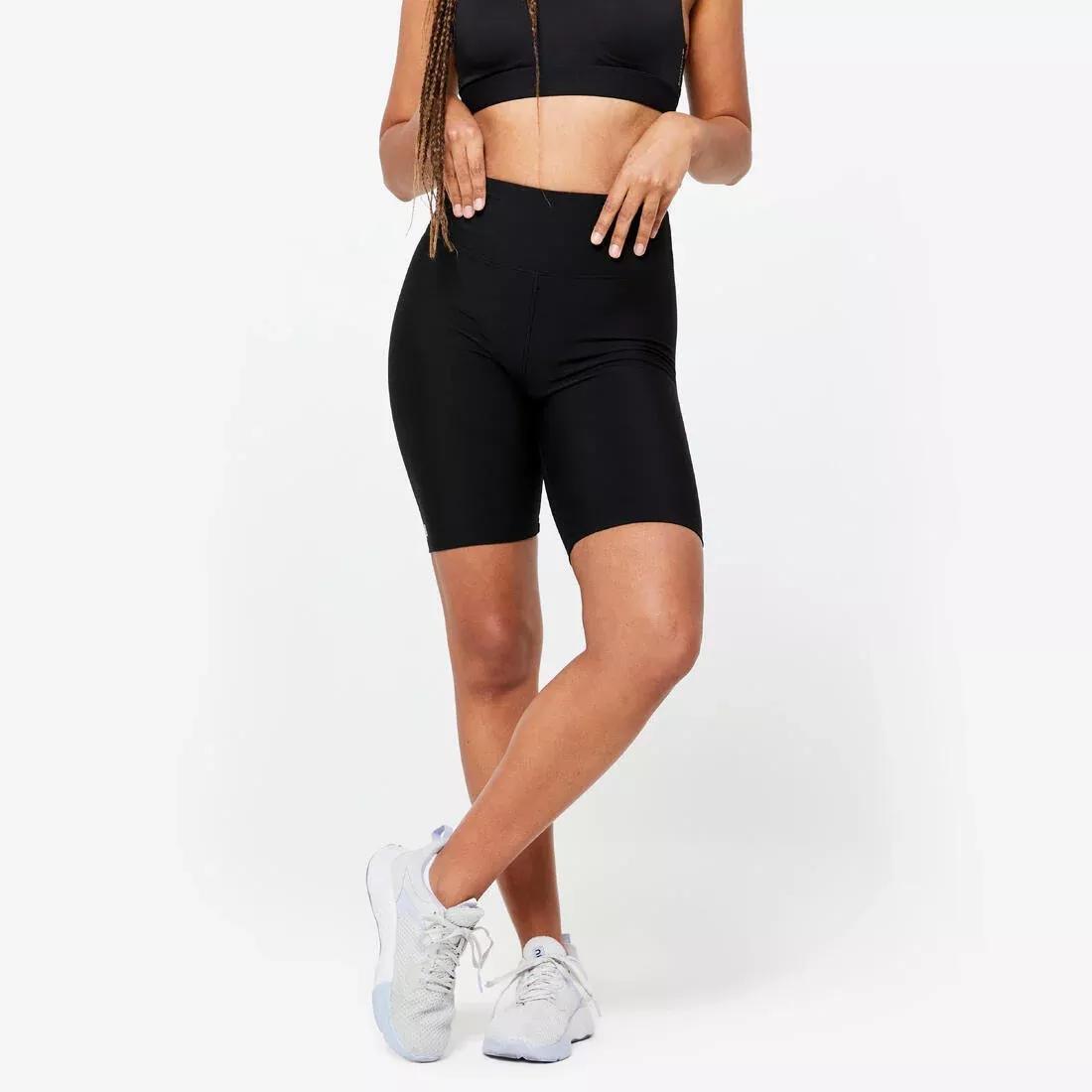 Knee-Length High-Waisted Fitness Shorts, Black, No Color, medium