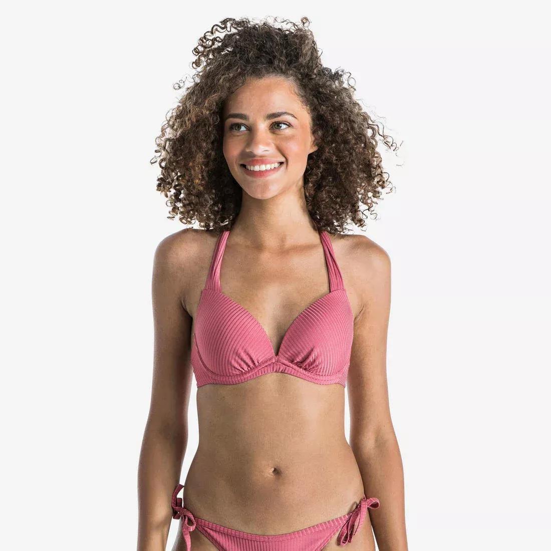 OLD PINK Women's Push-Up Swimsuit Top with Fixed Padded Cups ELENA - RIBBED PLAIN, , medium