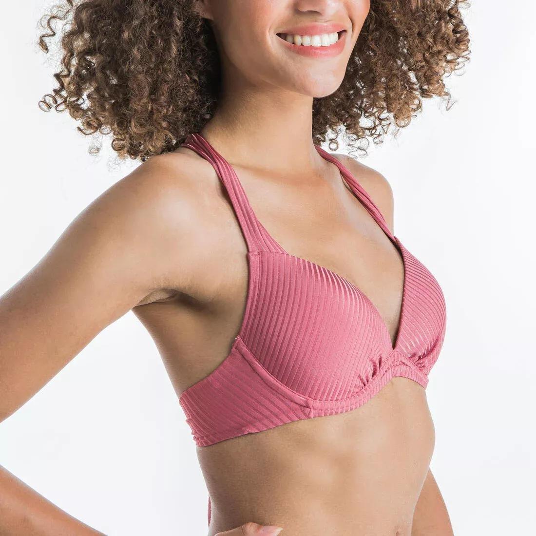 OLD PINK Women's Push-Up Swimsuit Top with Fixed Padded Cups ELENA - RIBBED PLAIN, , large image number 3