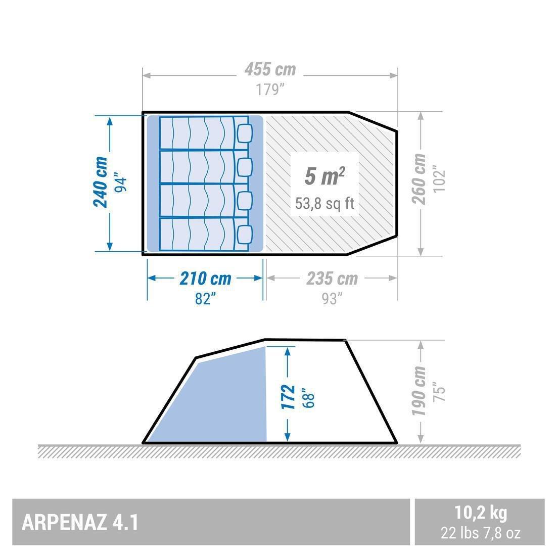 Camping Tent With Poles - Arpenaz 4.1 - 4 Person - 1 Bedroom, Blue, No Color, large image number 6
