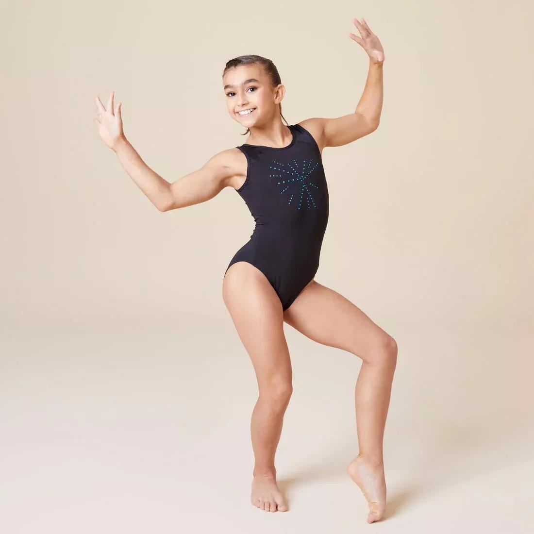 BLACK Girls' Sleeveless Crew Neck Gym Leotard JSM 540 - Black with Blue Sequins, No Color, medium