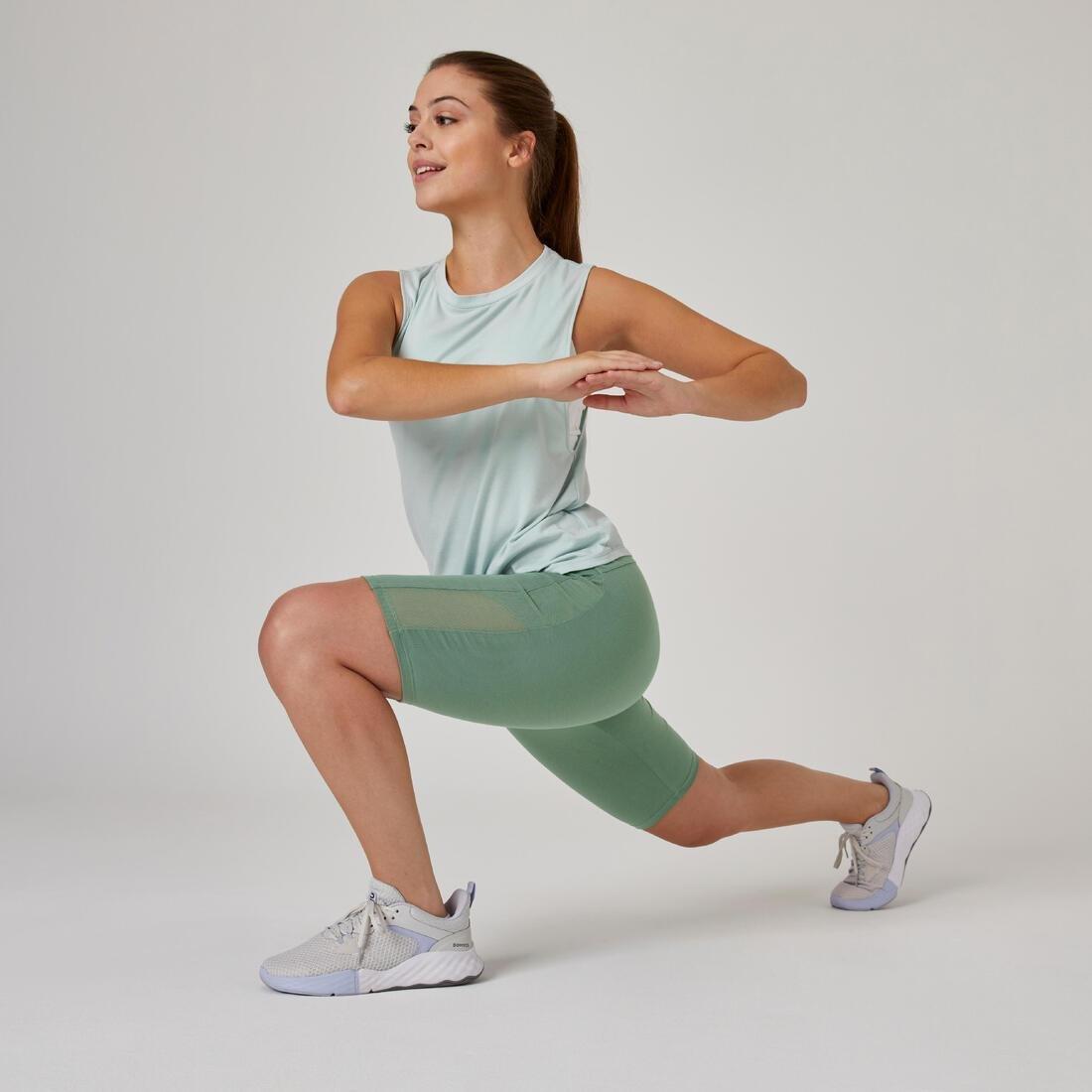 Womens Slim-Fit Cotton Fitness Cycling Shorts 520 Without Pockets, Green, No Color, large image number 3