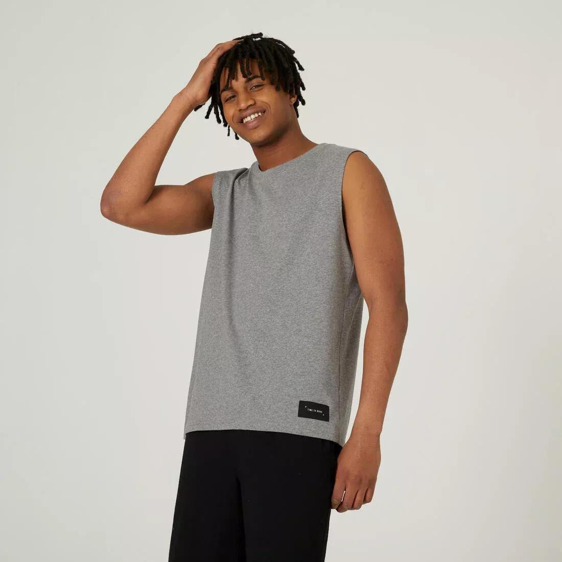 Mens Straight-Cut Crew Neck Stretchy Cotton Fitness Tank Top - 500 Cosmeto, Grey, No Color, large image number 4