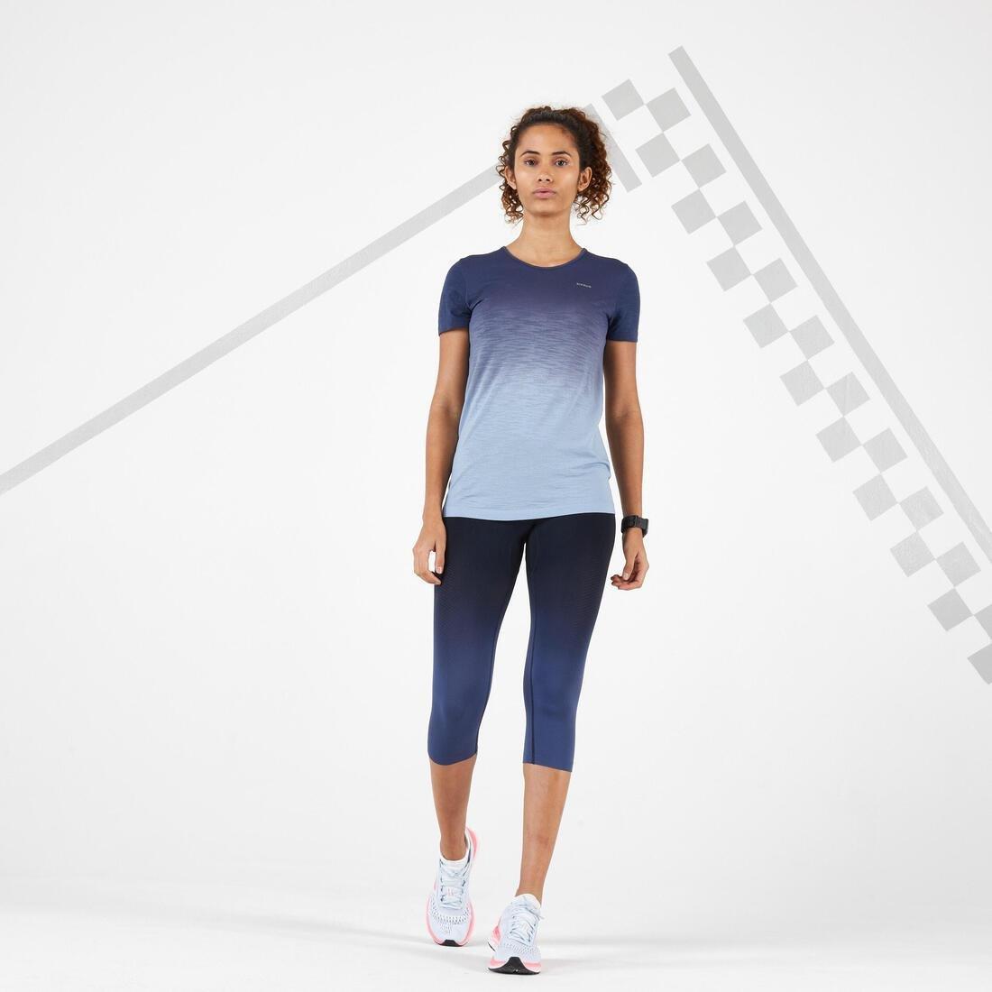 Women Kiprun Care Breathable Cropped Running Bottoms, Navy, No Color, large image number 1