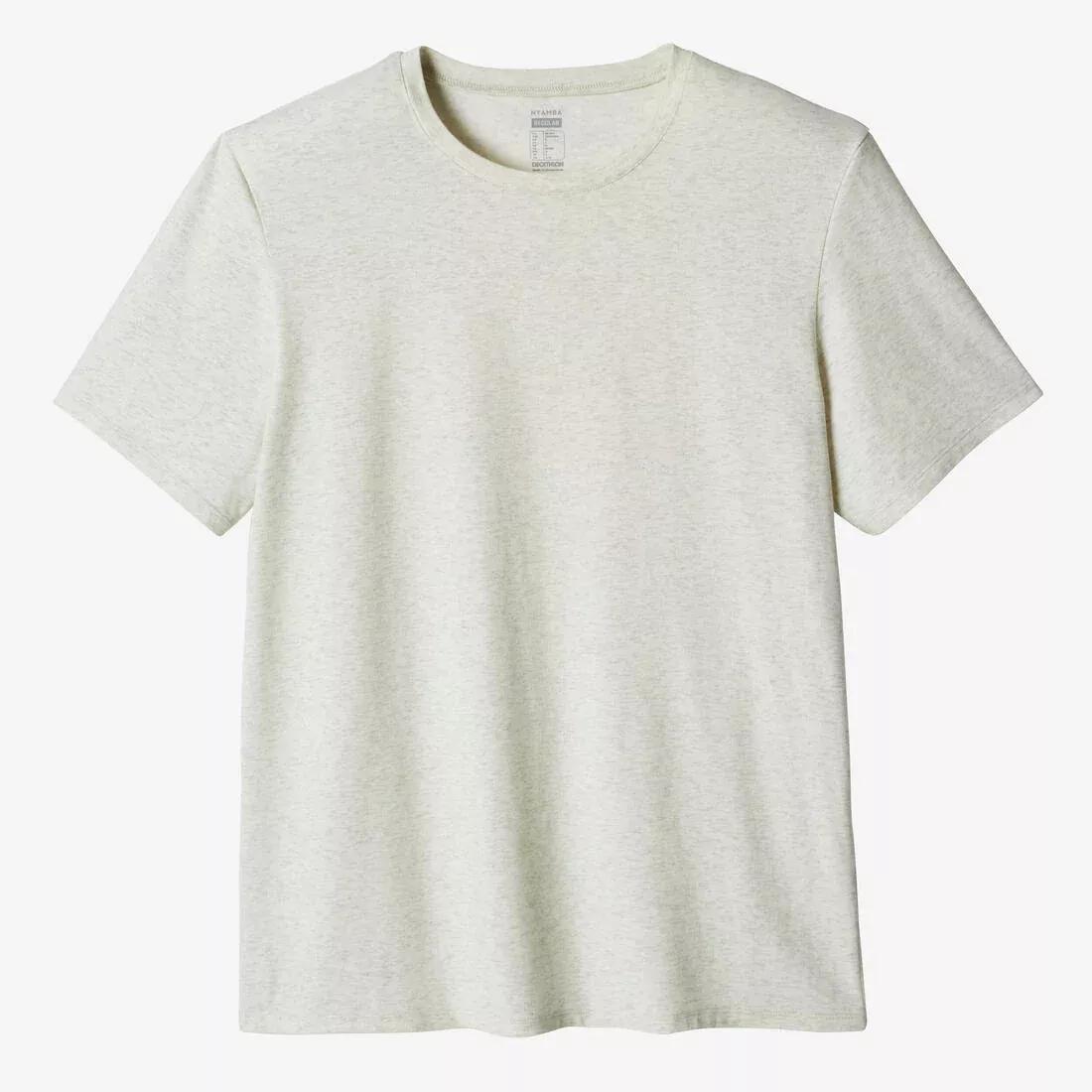 Mens Short-Sleeved Straight-Cut Crew Neck Cotton Fitness T-Shirt - 500, Cream, , medium