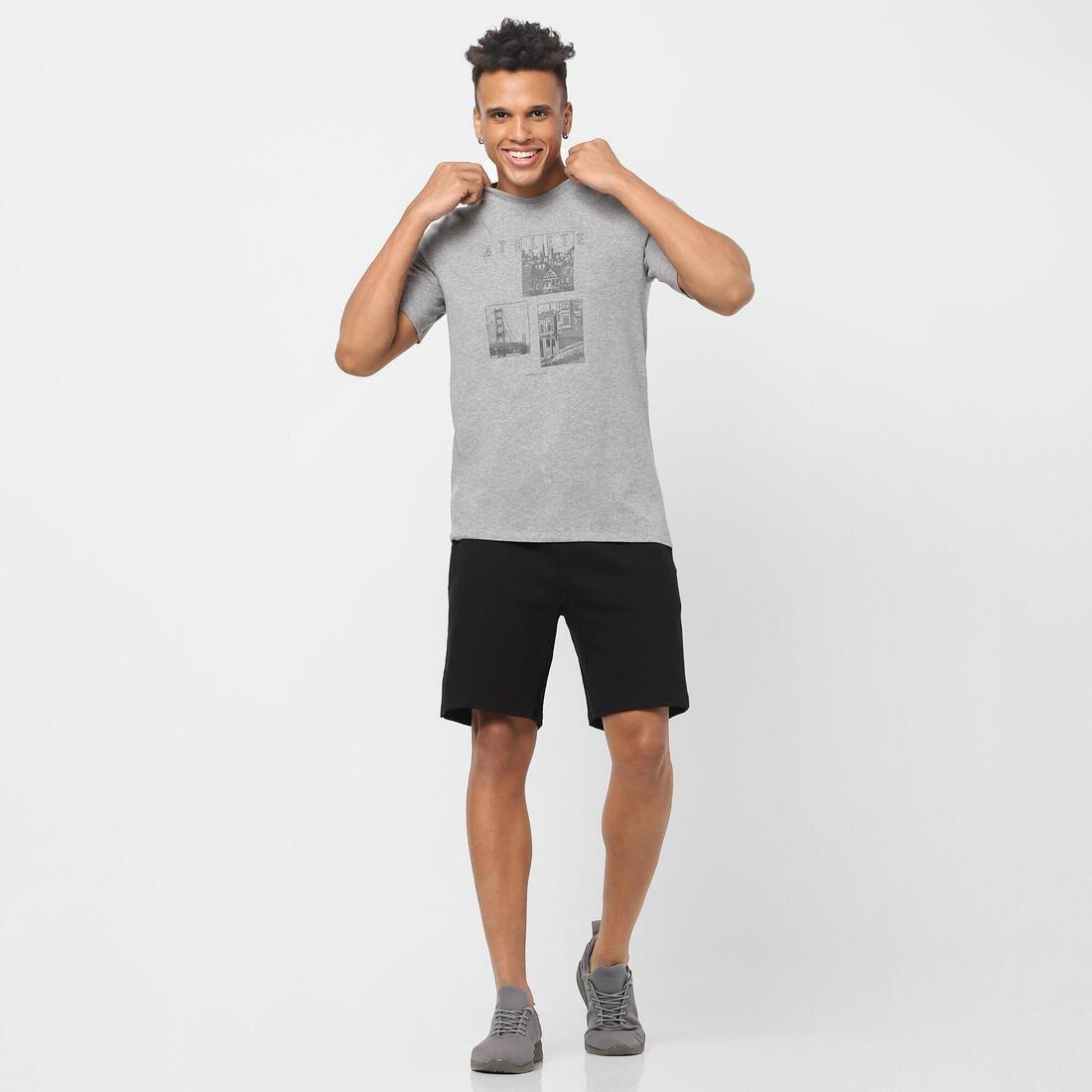 Men Short-Sleeved Straight-Cut Crew Neck Cotton Fitness T-Shirt - 500, Grey, No Color, large image number 3