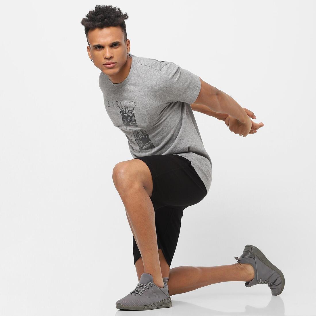 Men Short-Sleeved Straight-Cut Crew Neck Cotton Fitness T-Shirt - 500, Grey, No Color, large image number 11