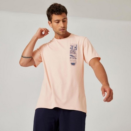DOMYOS - Men Short-Sleeved Straight-Cut Cotton Fitness T-Shirt - 500, Pink