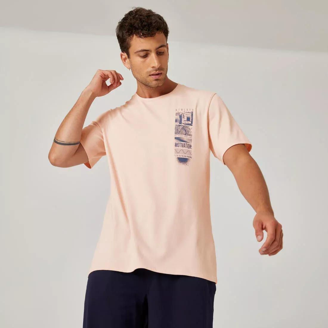 Men Short-Sleeved Straight-Cut Crew Neck Cotton Fitness T-Shirt - 500, Pink, No Color, large image number 1