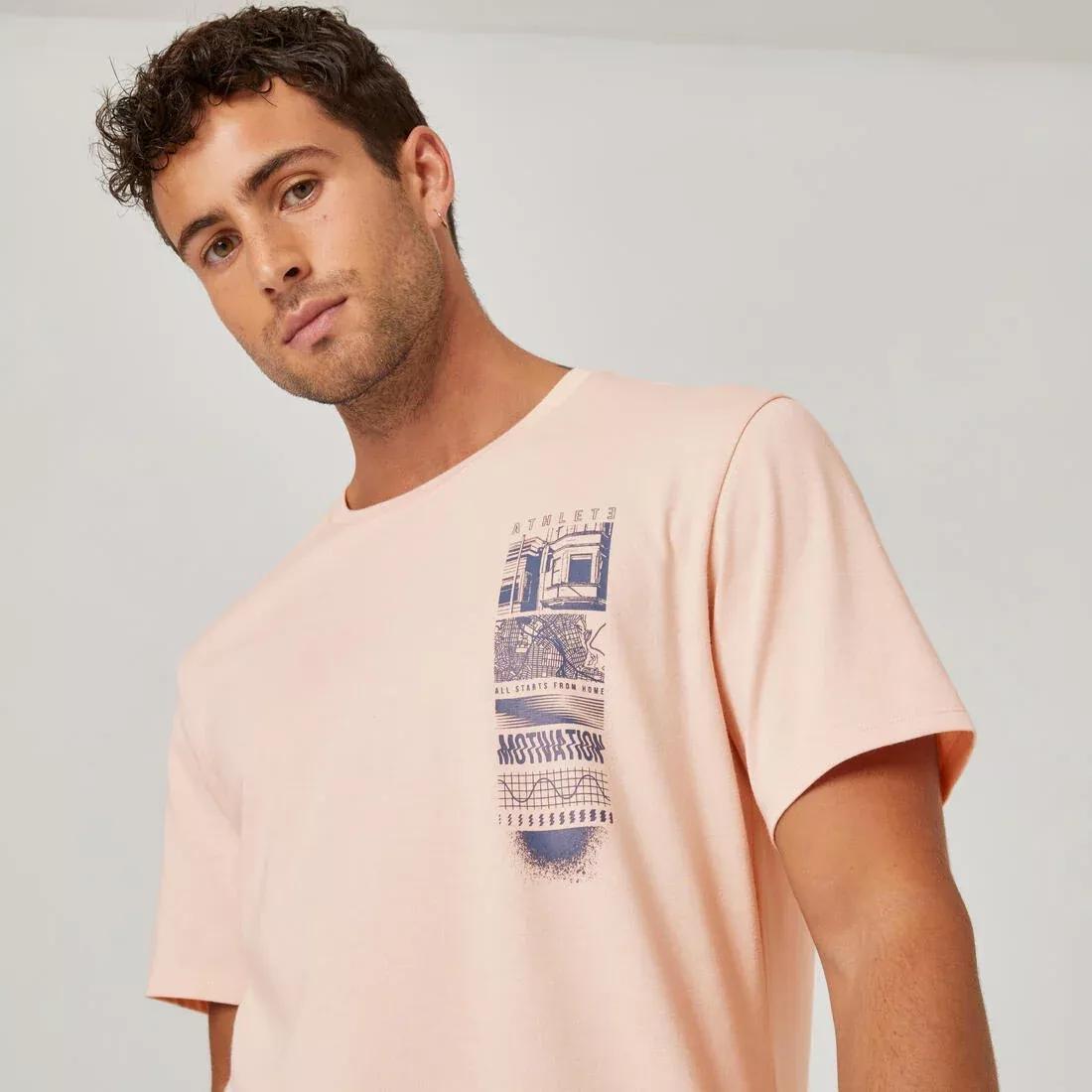 Men Short-Sleeved Straight-Cut Crew Neck Cotton Fitness T-Shirt - 500, Pink, No Color, large image number 13