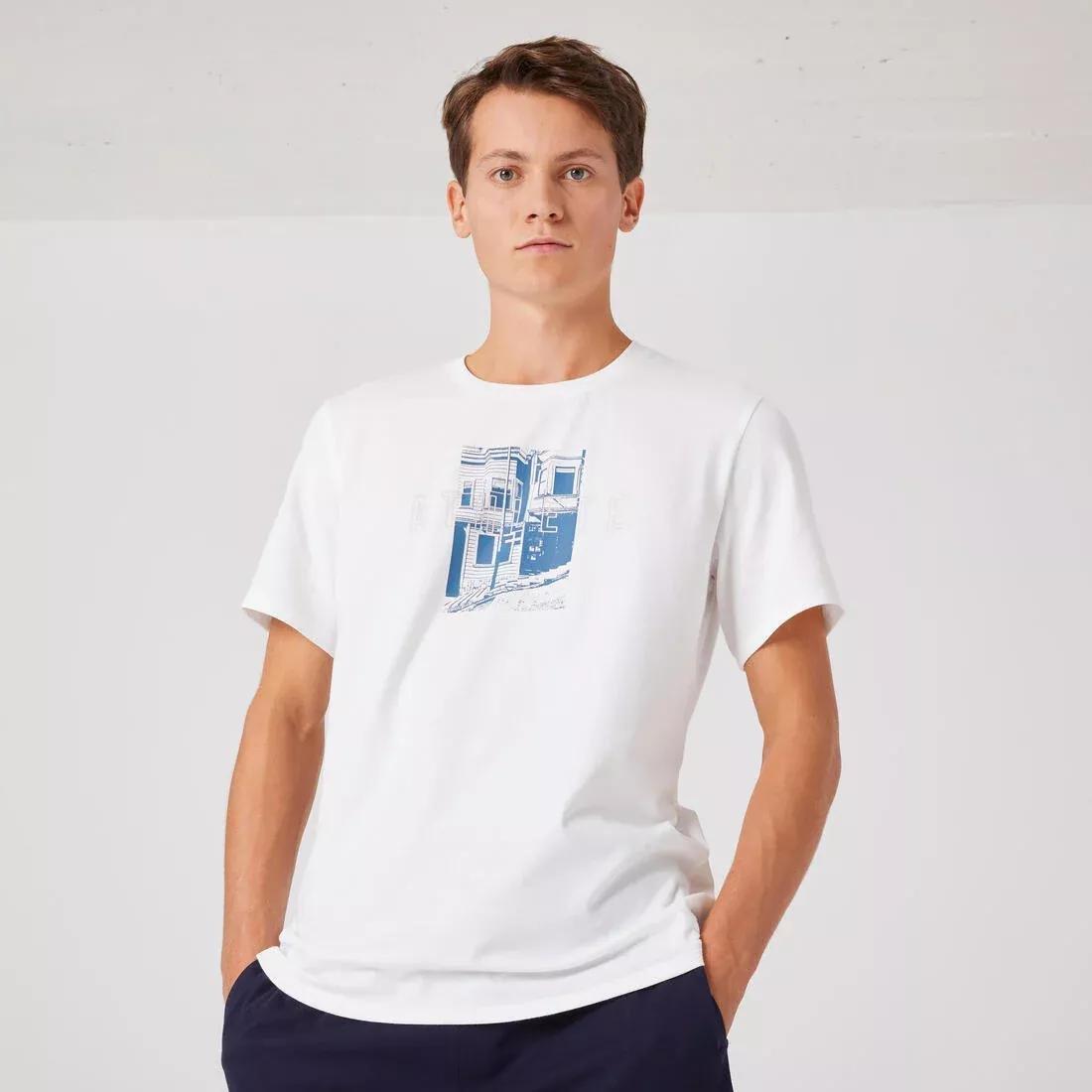 Mens Short-Sleeved Straight-Cut Crew Neck Cotton Fitness T-Shirt - 500, White, , large image number 0