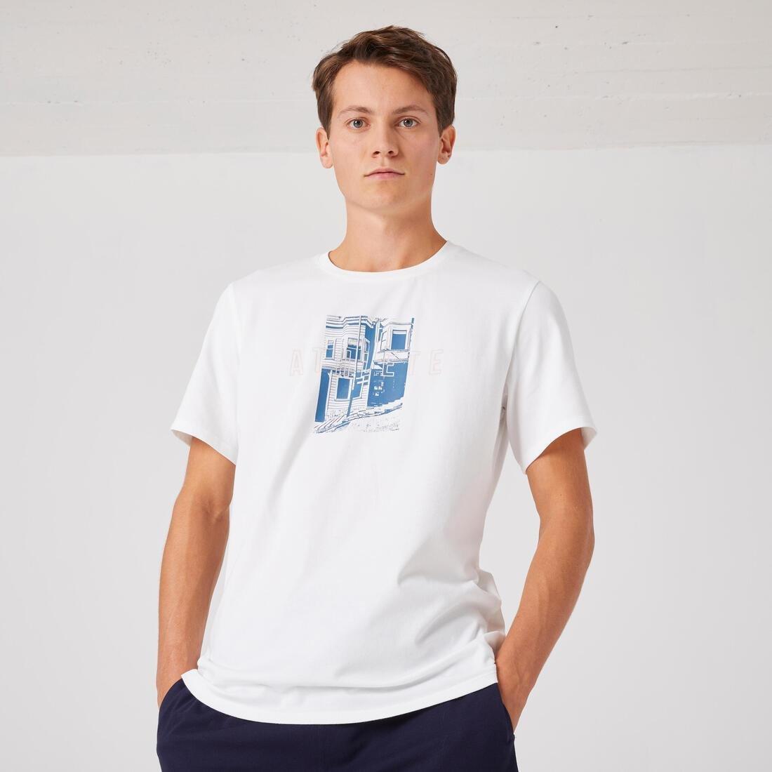 Mens Short-Sleeved Straight-Cut Crew Neck Cotton Fitness T-Shirt - 500, White, , large image number 1
