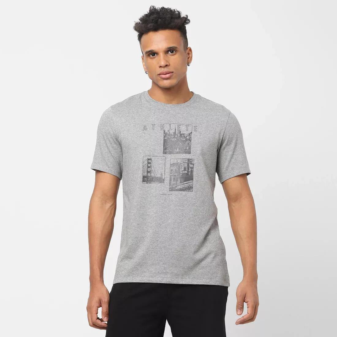 Mens Short-Sleeved Straight-Cut Crew Neck Cotton Fitness T-Shirt - 500, Grey, No Color, large image number 0