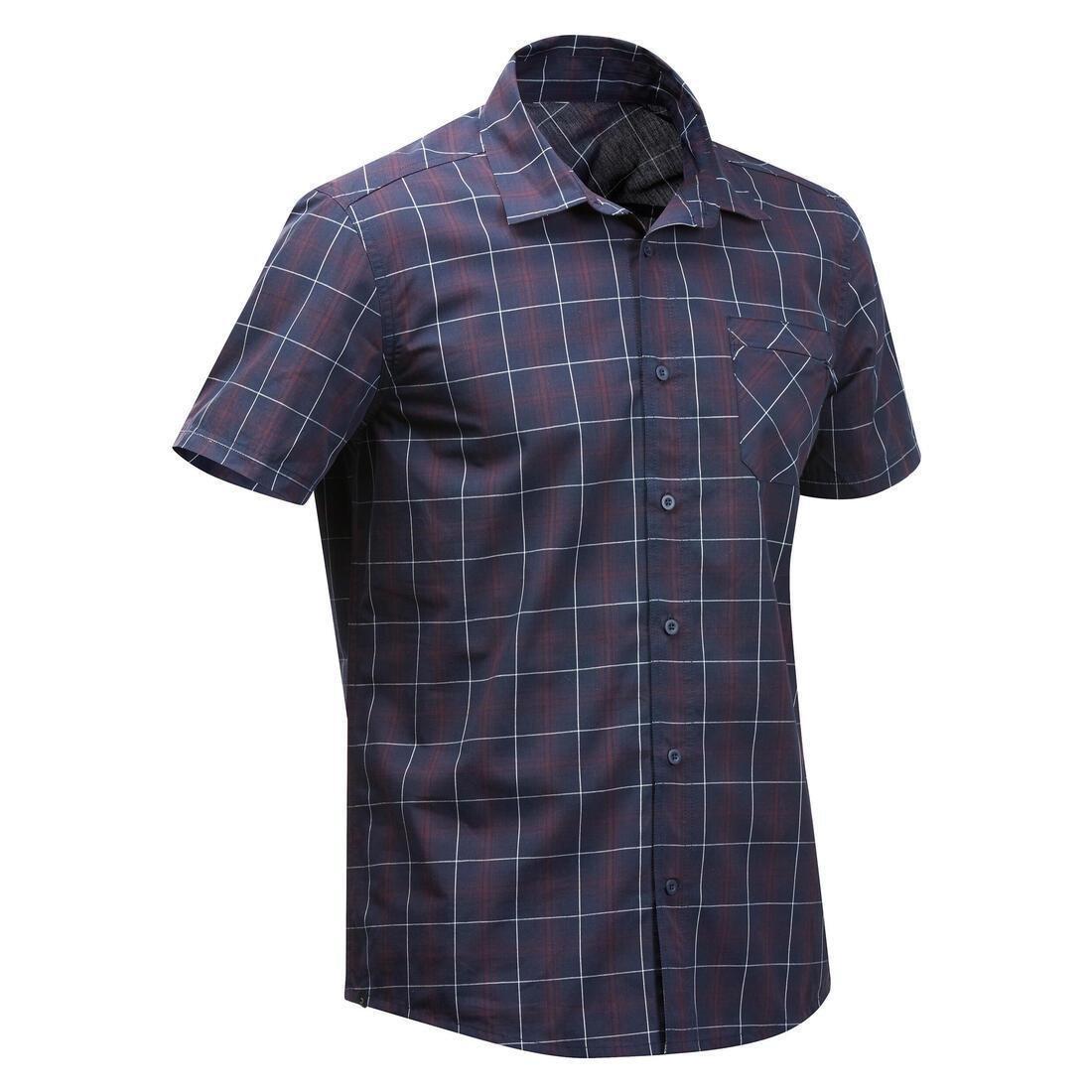Mens Short-Sleeved Plaid Travel Trekking Shirt - Travel 100, Blue, No Color, medium