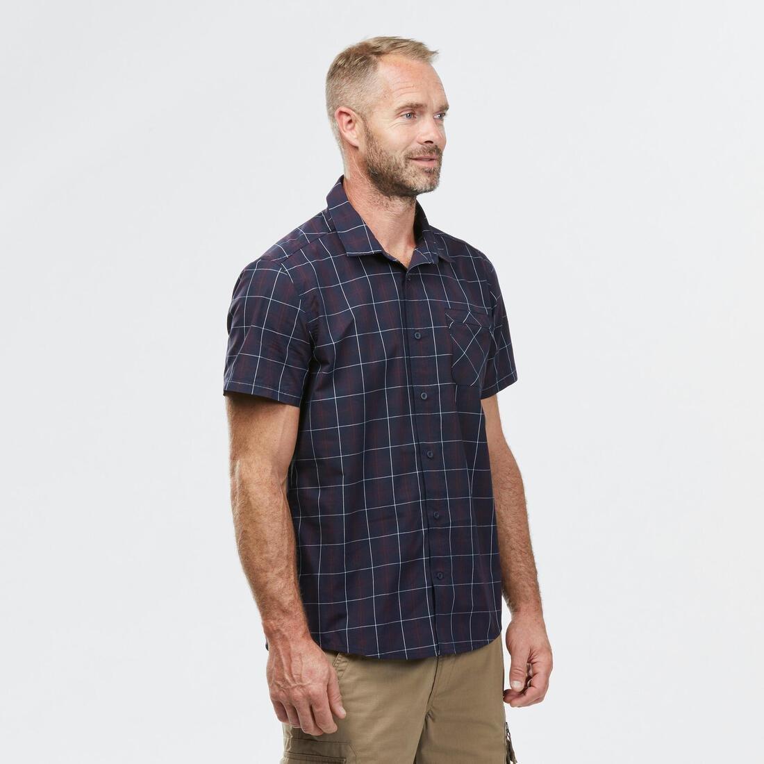 Mens Short-Sleeved Plaid Travel Trekking Shirt - Travel 100, Blue, No Color, large image number 1