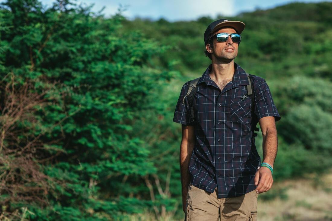 Mens Short-Sleeved Plaid Travel Trekking Shirt - Travel 100, Blue, No Color, large image number 6