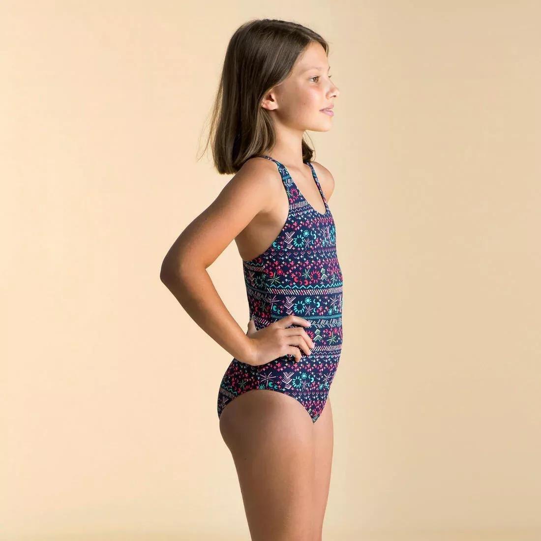 Kids Girls Basic One-Piece Swimsuit, Navy, No Color, large image number 14