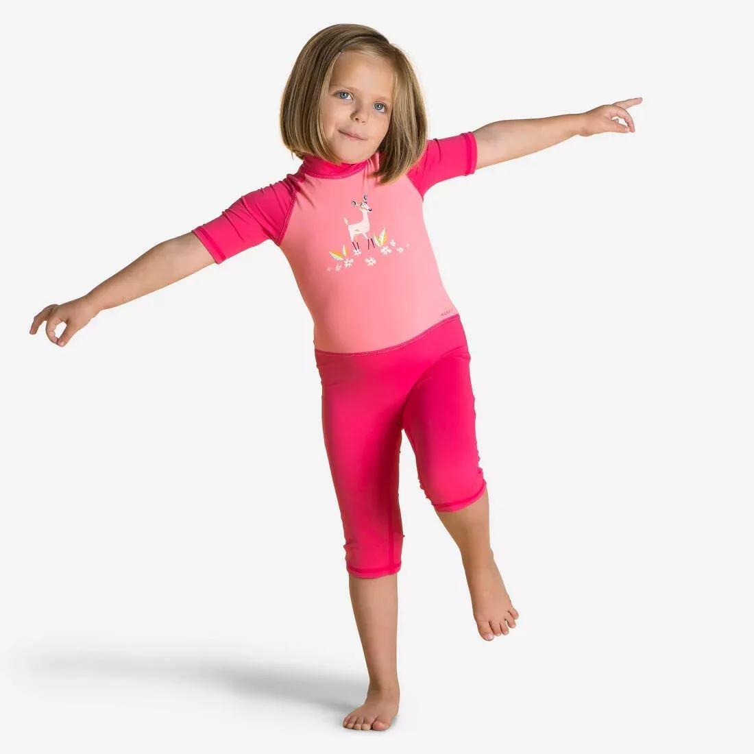 Kids Girls Swimming Short Sleeve Uv-Protection Suit, Pink, No Color, medium