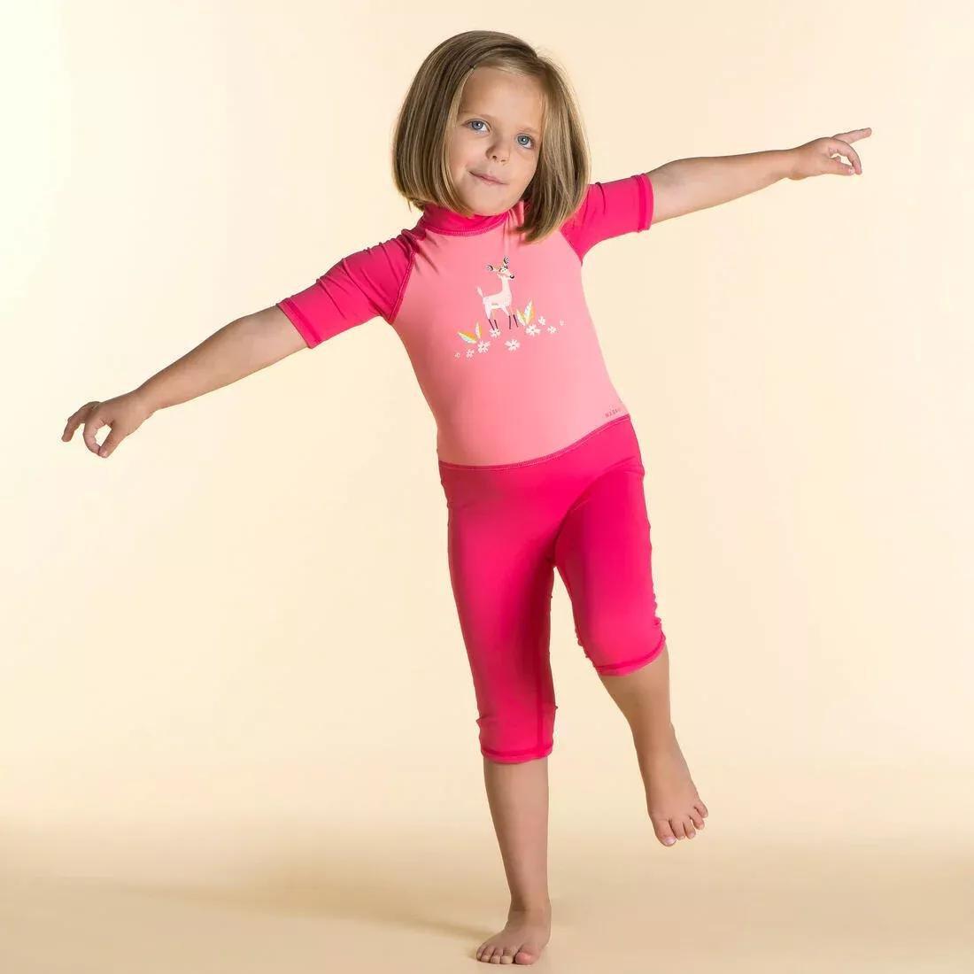 Kids Girls Swimming Short Sleeve Uv-Protection Suit, Pink, No Color, medium