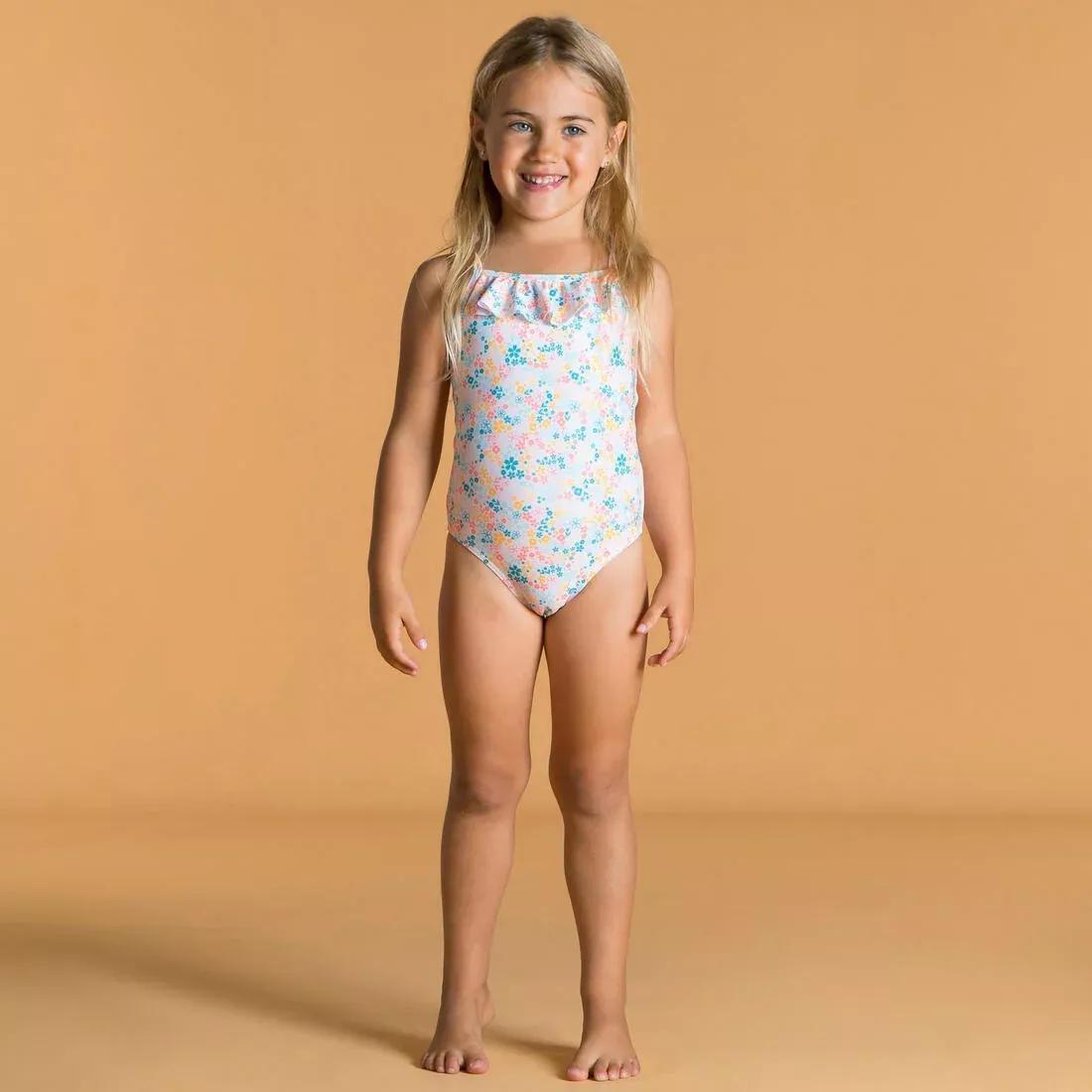 Kids Girls Ruffled One-Piece Floral Swimsuit, White, , large image number 0