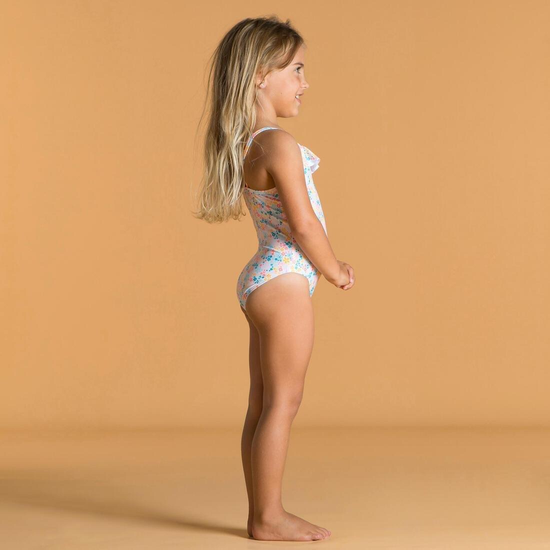 Kids Girls Ruffled One-Piece Floral Swimsuit, White, , large image number 2