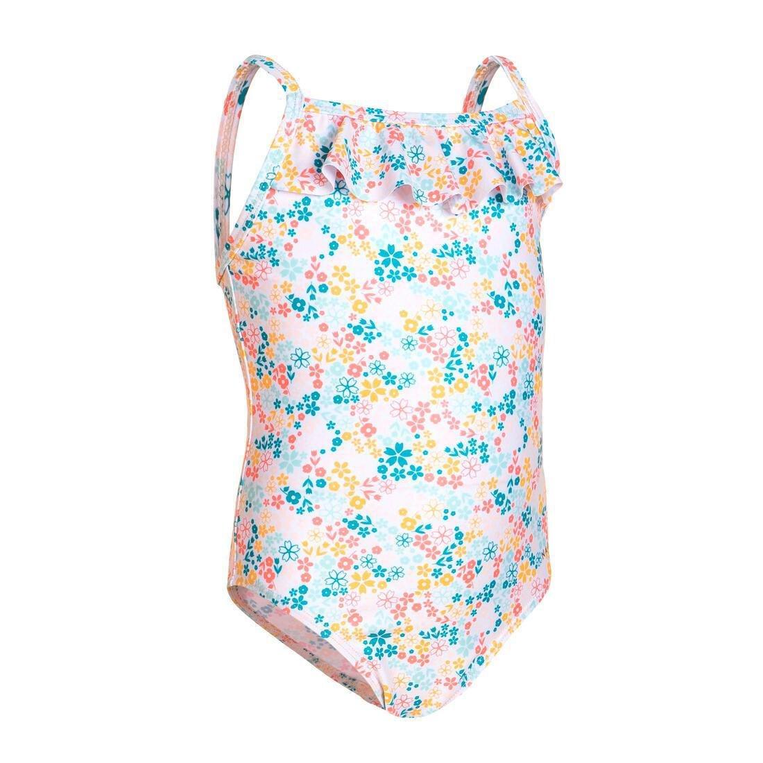 Kids Girls Ruffled One-Piece Floral Swimsuit, White, No Color, large image number 3