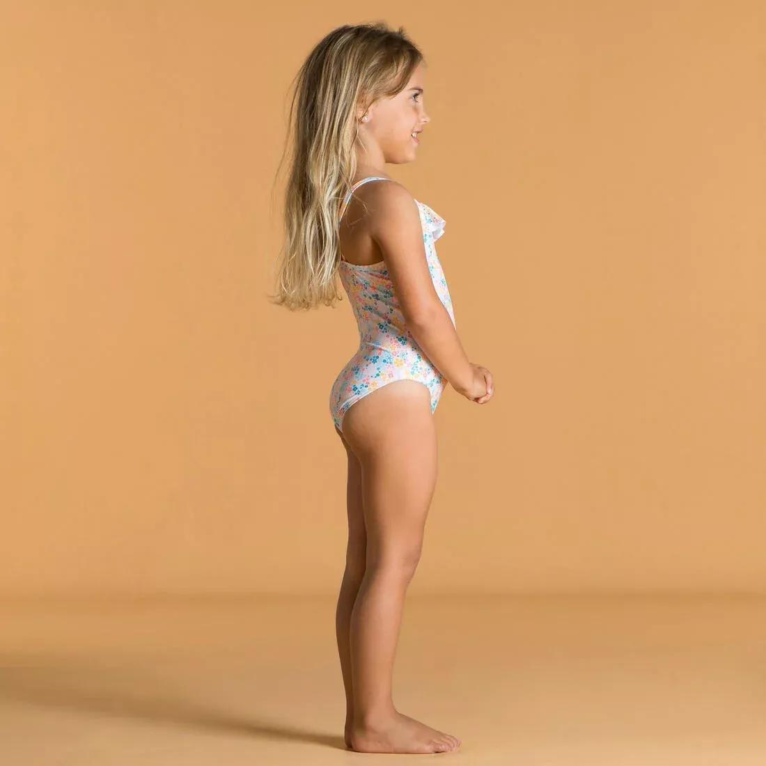 Kids Girls Ruffled One-Piece Floral Swimsuit, White, , large image number 4