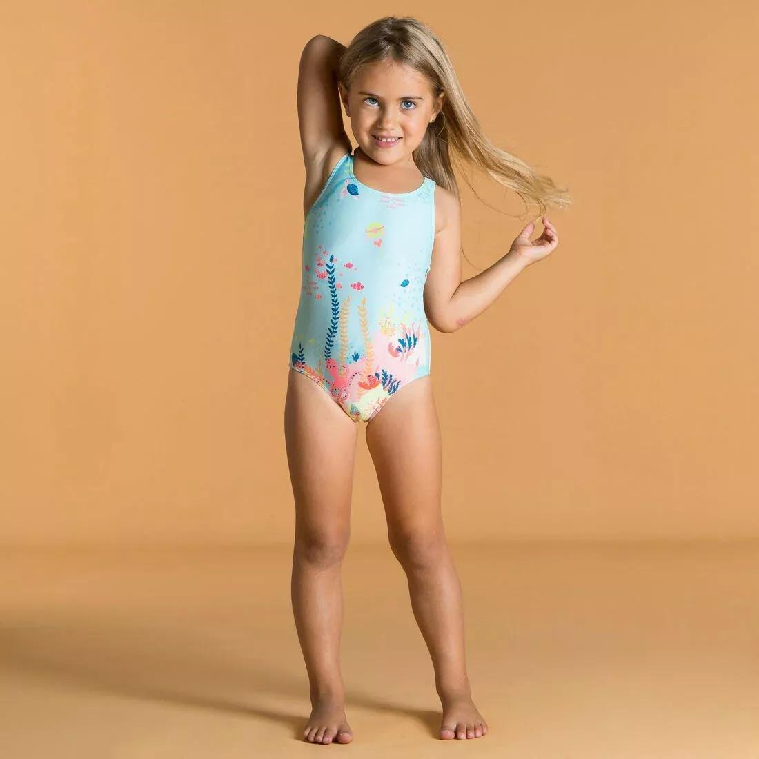 Kids Girls 1-Piece Swimsuit - Flower Print, Green, , large image number 14