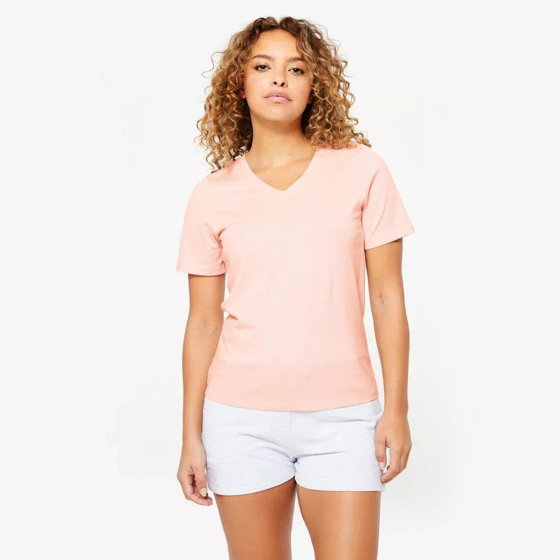 Women V-Neck Cotton Fitness T-Shirt, Pink, No Color, large image number 0