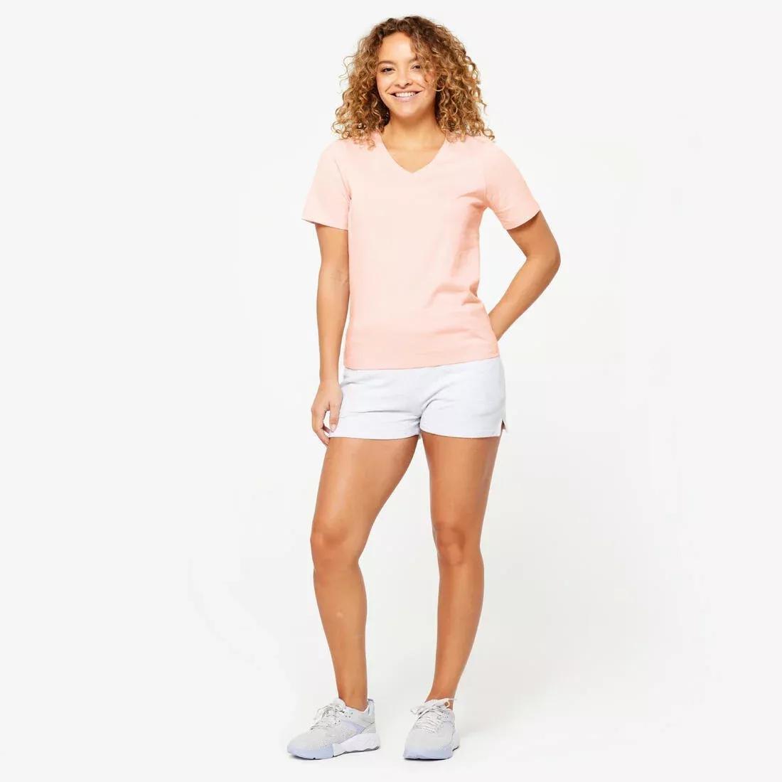 Women V-Neck Cotton Fitness T-Shirt, Pink, No Color, large image number 1