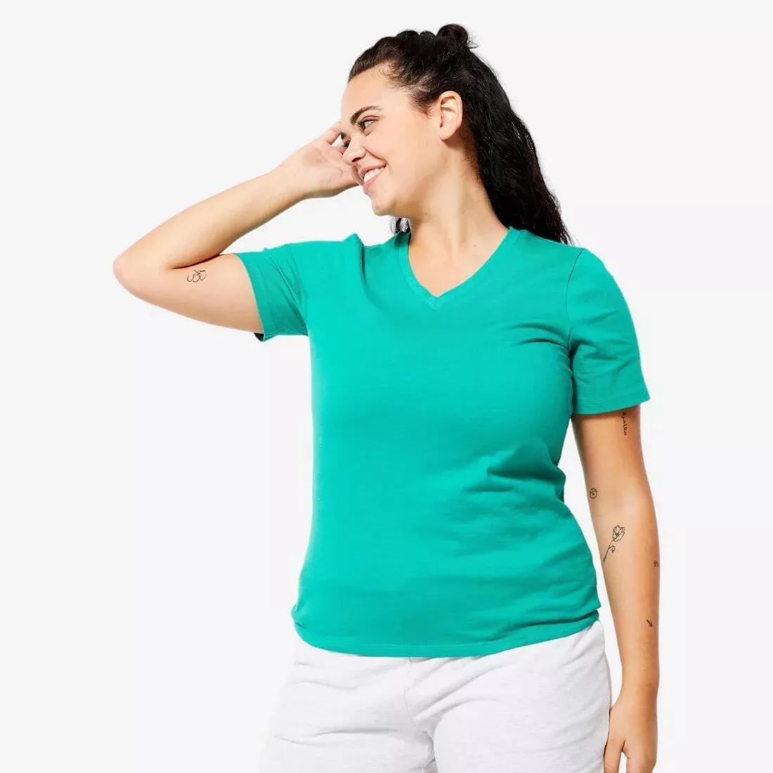 Women V-Neck Cotton Fitness T-Shirt, Pink, No Color, large image number 6