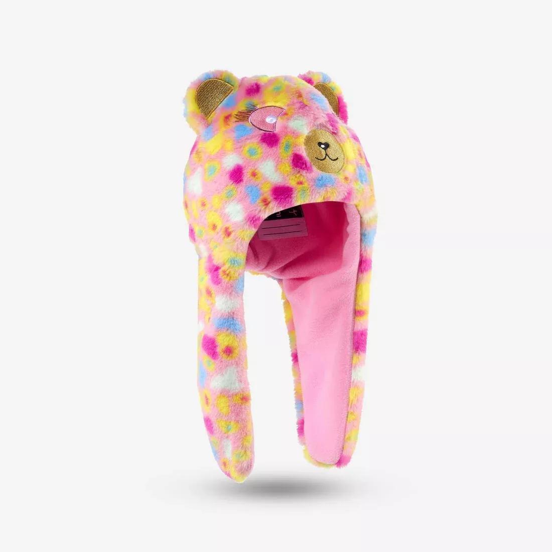 KIDS' SKI HAT - PERUVIAN BEAR - PINK BLUE YELLOW, begonia pink, , medium