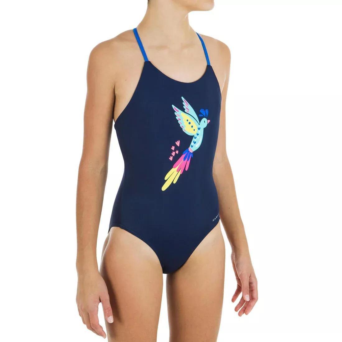 Kids Girls 1-Piece Swimming Swimsuit Lila Bird, Grey, No Color, large image number 0