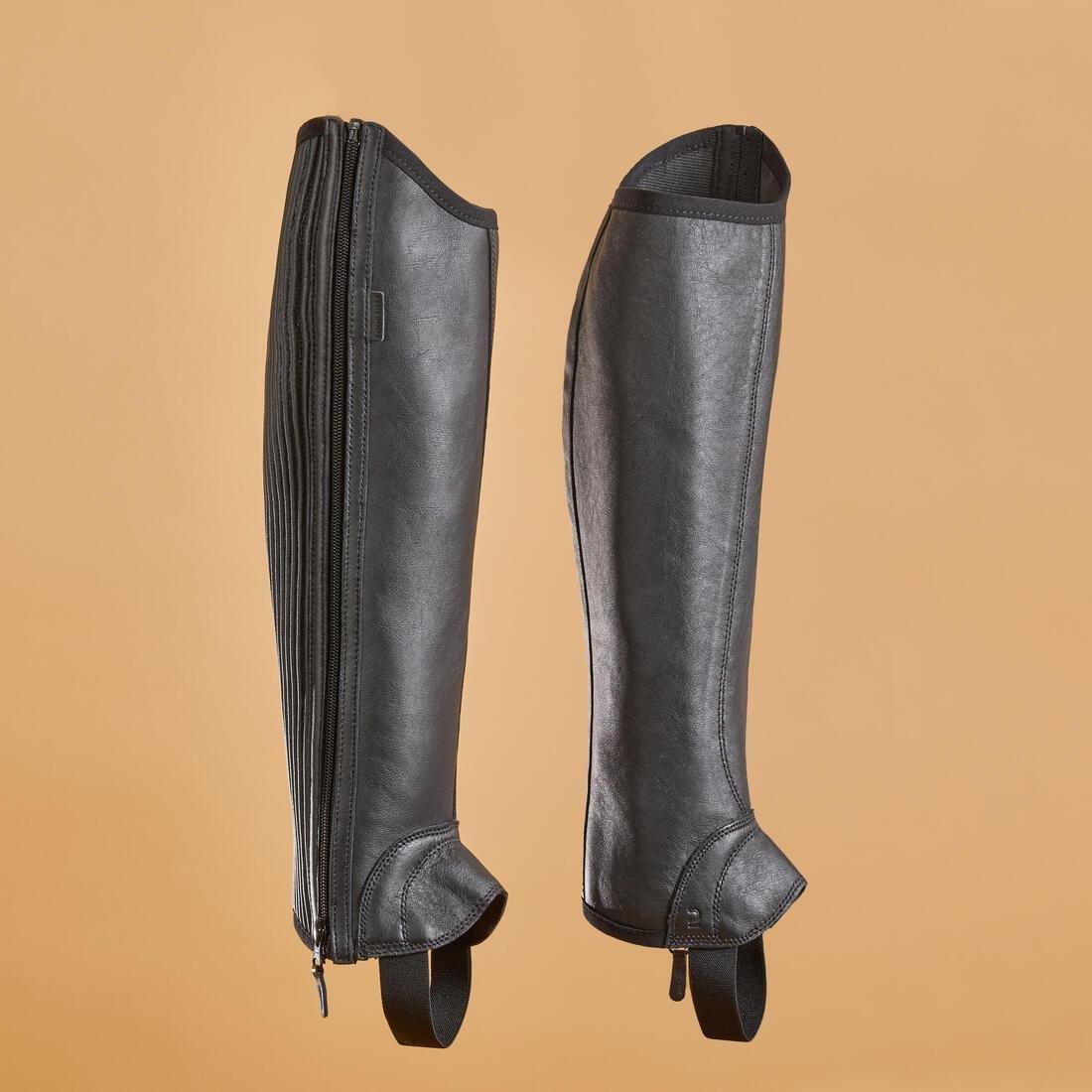 Adult Horse Riding Leather Half-Chaps with Gusset, Black, No Color, medium