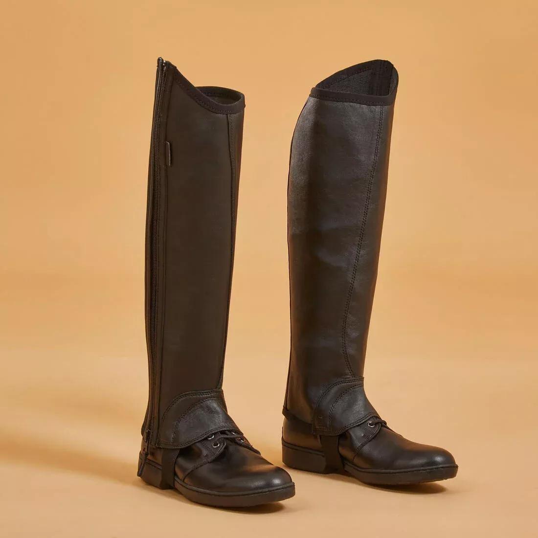 Adult Horse Riding Leather Half-Chaps with Gusset, Black, No Color, medium