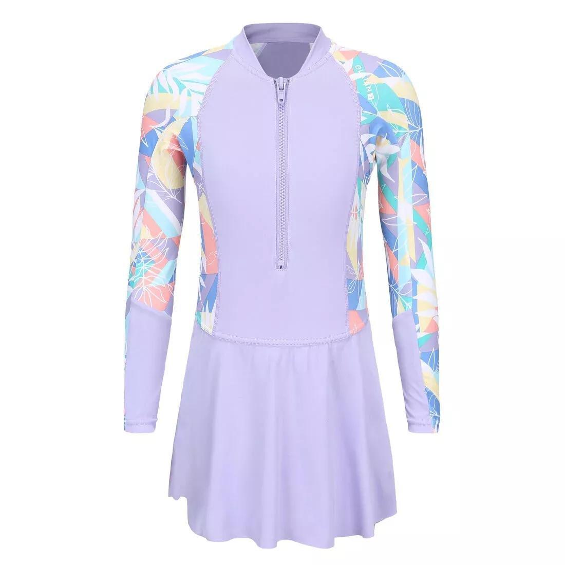 One-Piece Long-Sleeve Skirt Swimsuit, Purple, No Color, large image number 3