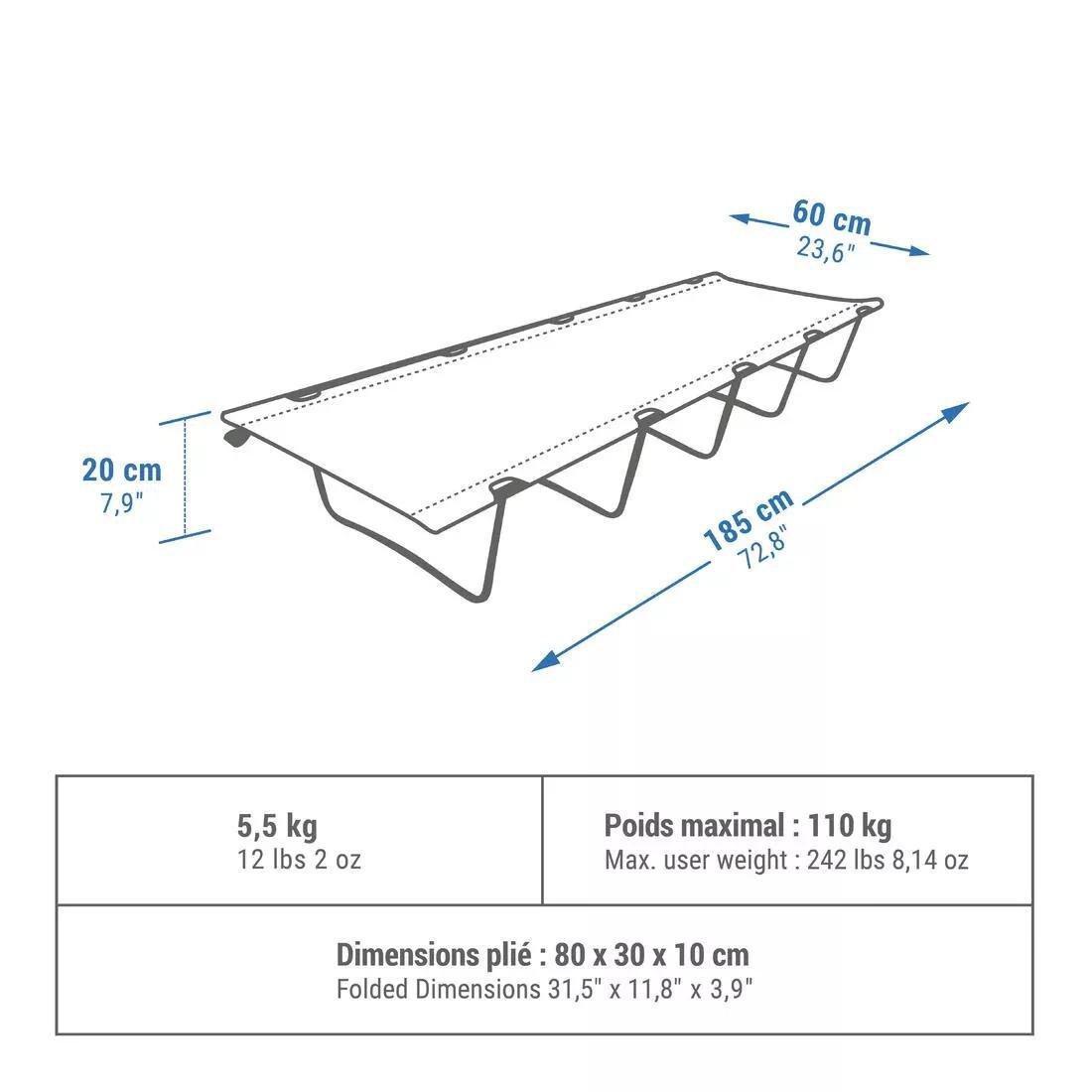 QUECHUA - Basic Camping Bed - 60 Cm 1 Person, Green