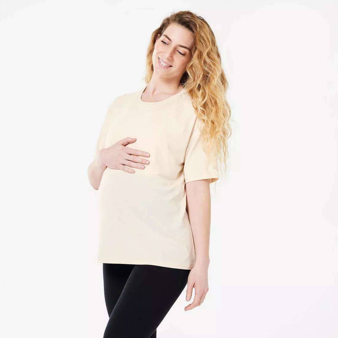 Short-Sleeved Pregnancy Breast-Feeding Yoga T-Shirt, Beige, No Color, medium