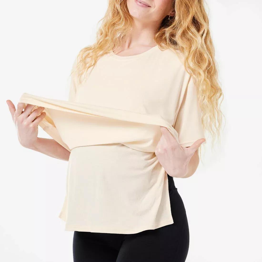 Short-Sleeved Pregnancy Breast-Feeding Yoga T-Shirt, Beige, No Color, large image number 4