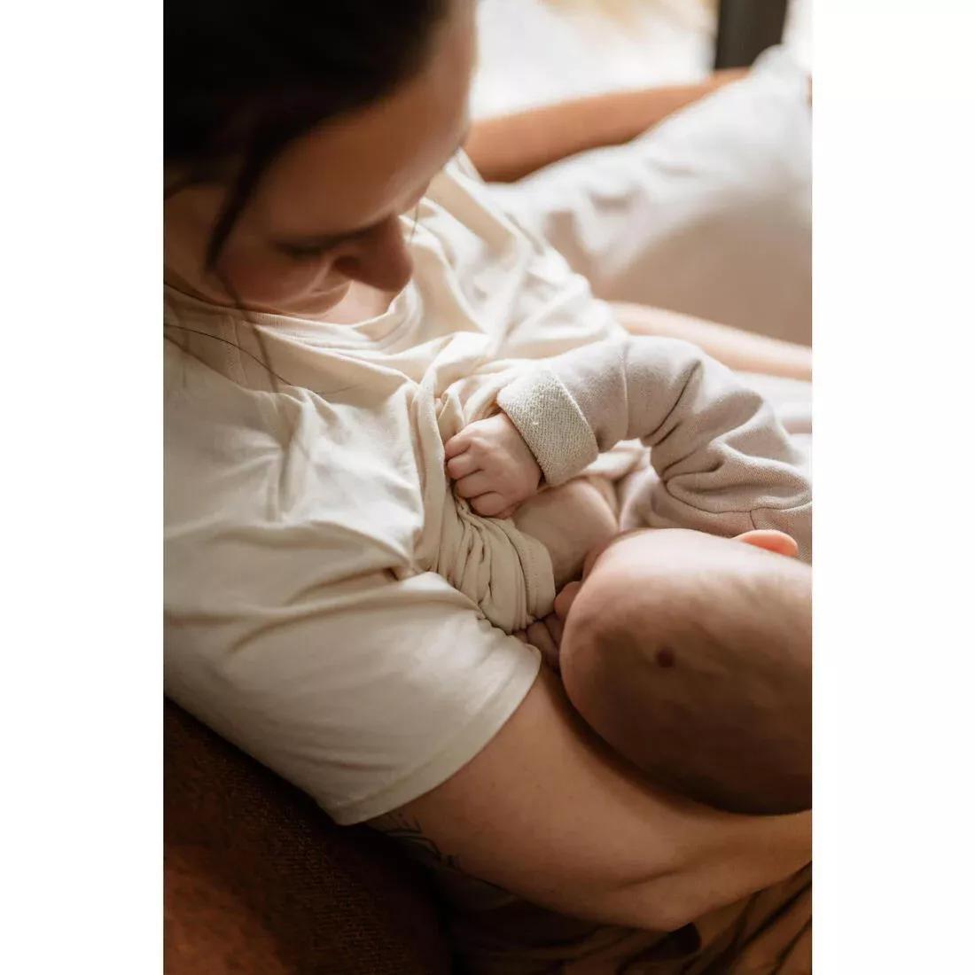 Short-Sleeved Pregnancy Breast-Feeding Yoga T-Shirt, Beige, No Color, large image number 5