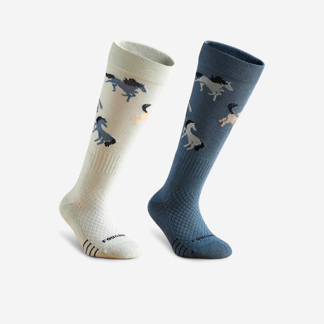 YELLOW Kids' Horse Riding Socks SKS 500 Twin-Pack - Navy/Pink Pony Print, , medium