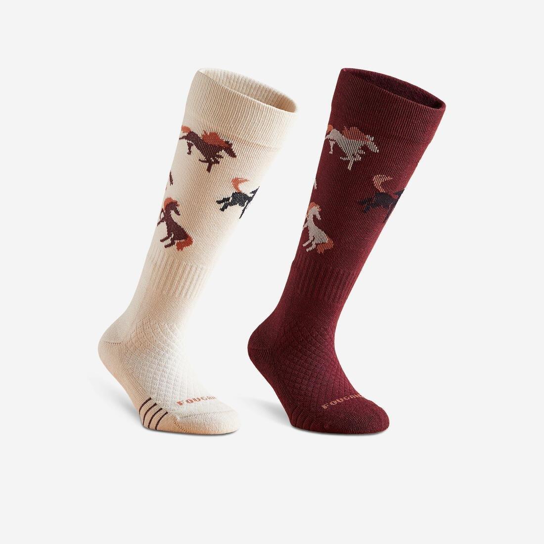 YELLOW Kids' Horse Riding Socks SKS 500 Twin-Pack - Navy/Pink Pony Print, , large image number 2
