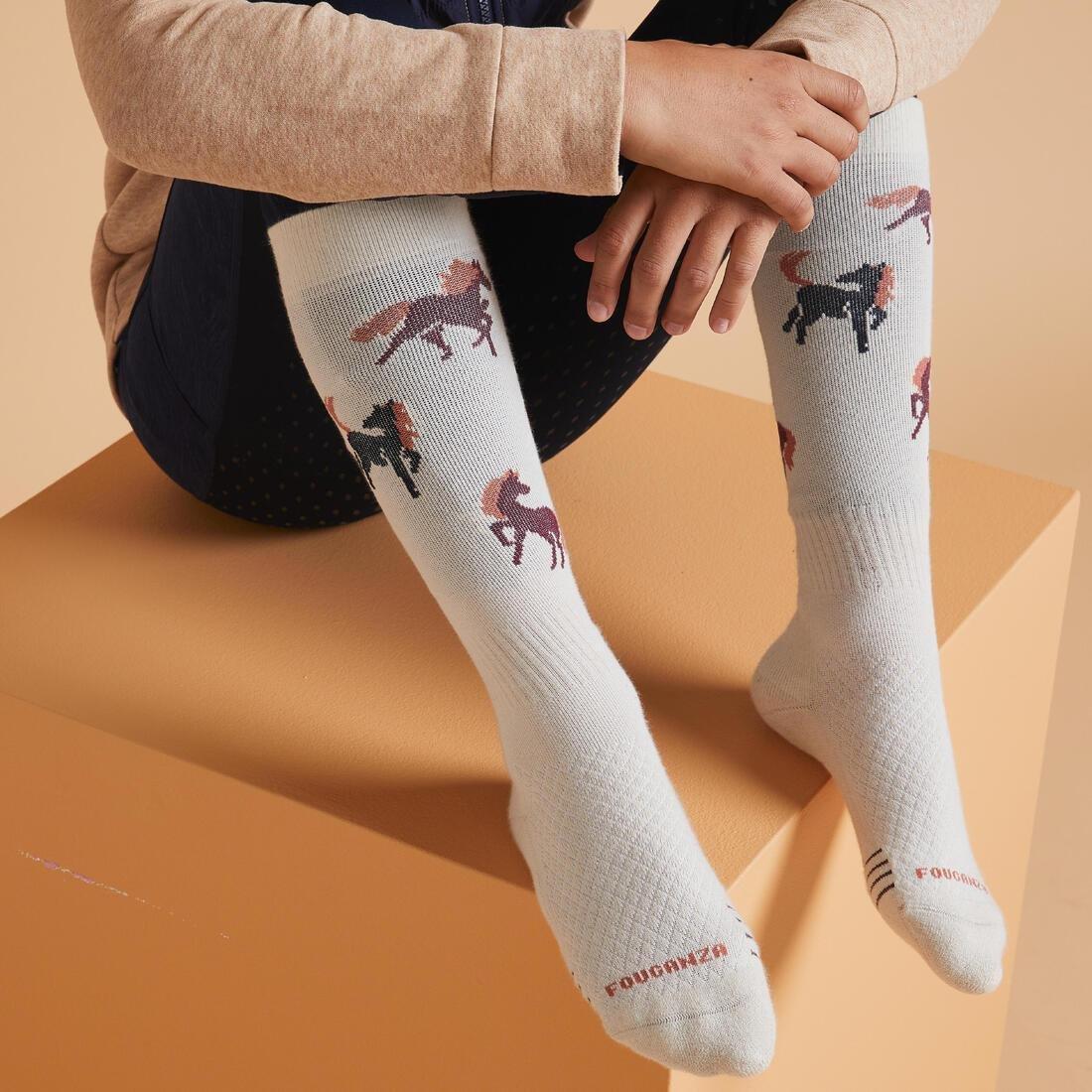YELLOW Kids' Horse Riding Socks SKS 500 Twin-Pack - Navy/Pink Pony Print, , large image number 3