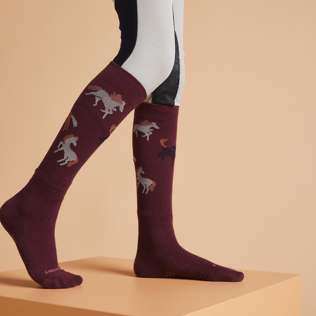 YELLOW Kids' Horse Riding Socks SKS 500 Twin-Pack - Navy/Pink Pony Print, , large image number 4
