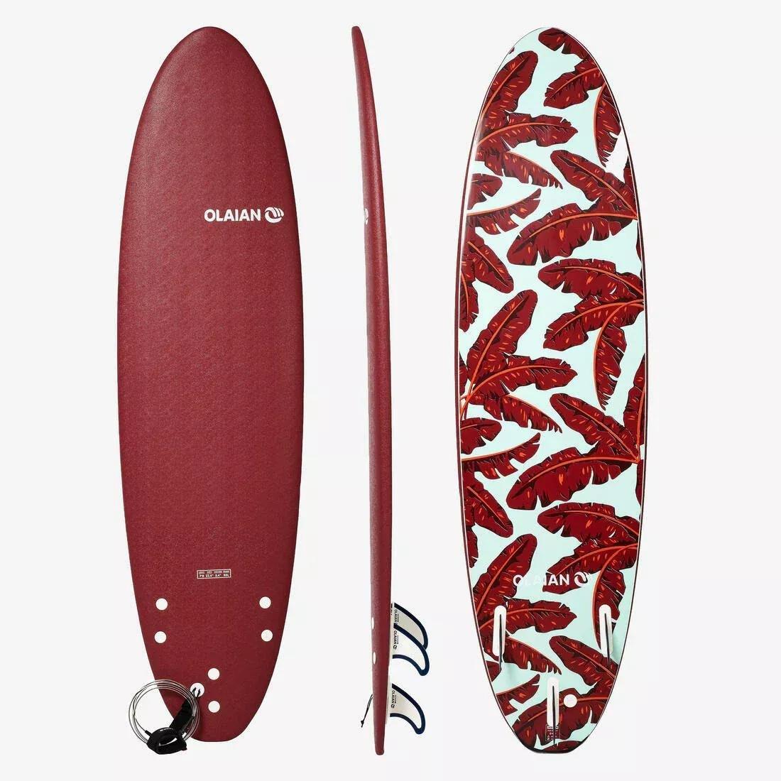 Foam Surfboard 500 7 Supplied With 1 Leash And 3 Fins, Burgundy, No Color, large image number 0