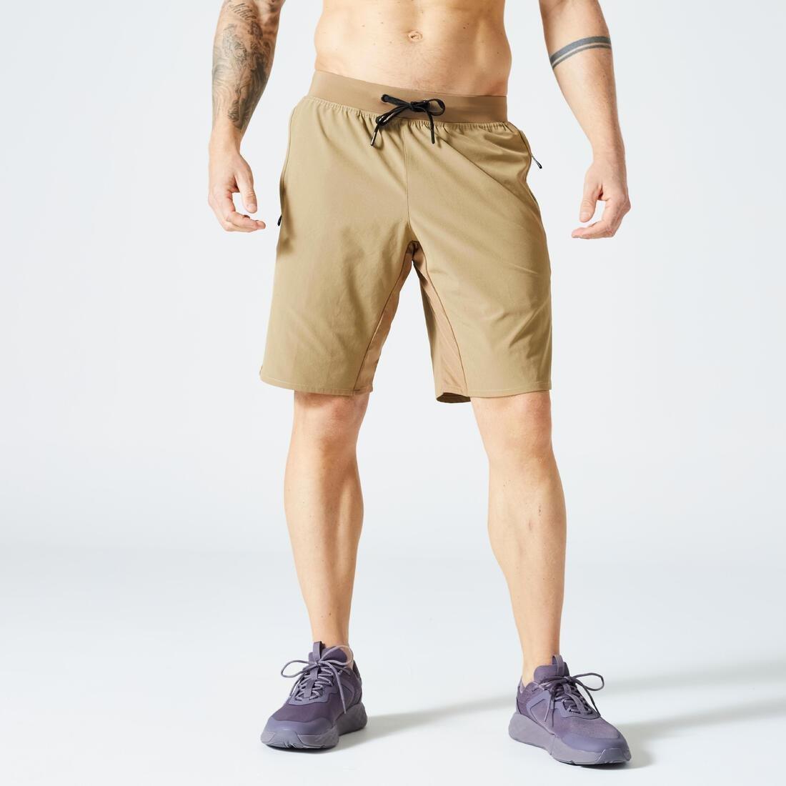 Knee-Length Zip Pocket Fitness Shorts, Brown, No Color, large image number 0